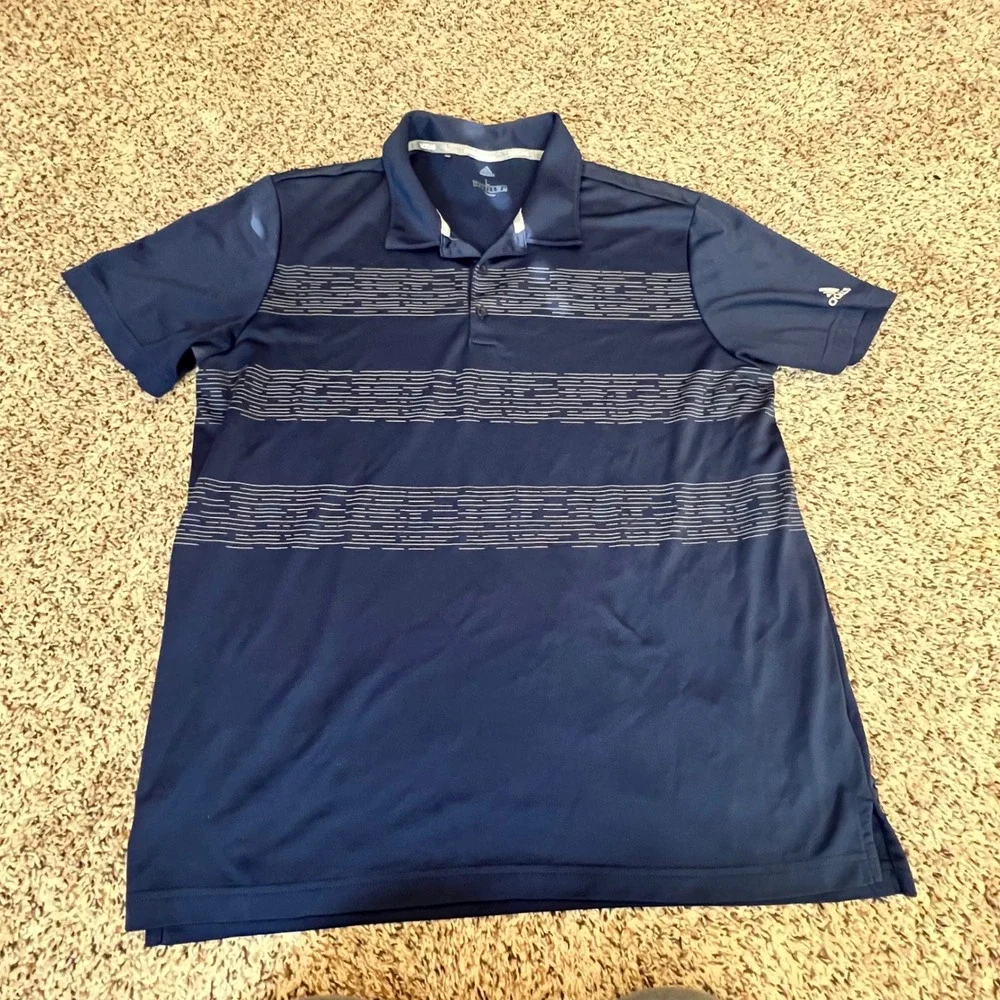 Adidas Mens Golf Polo Shirt‎ Navy Blue Striped Performance Short Sleeve Large